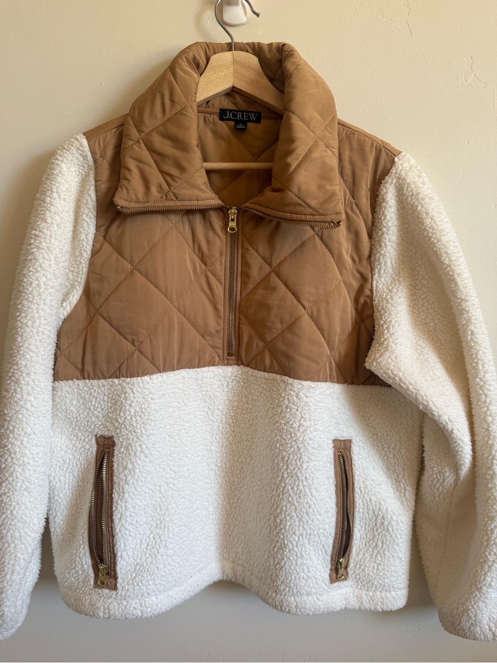 J.Crew Sherpa Fleece Quarter Zip Pullover Jacket Ivory Tan Size Medium - Picture 3 of 8